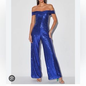 Here to Sparkle Royal Blue Sequin Off-the-Shoulder Jumpsuit